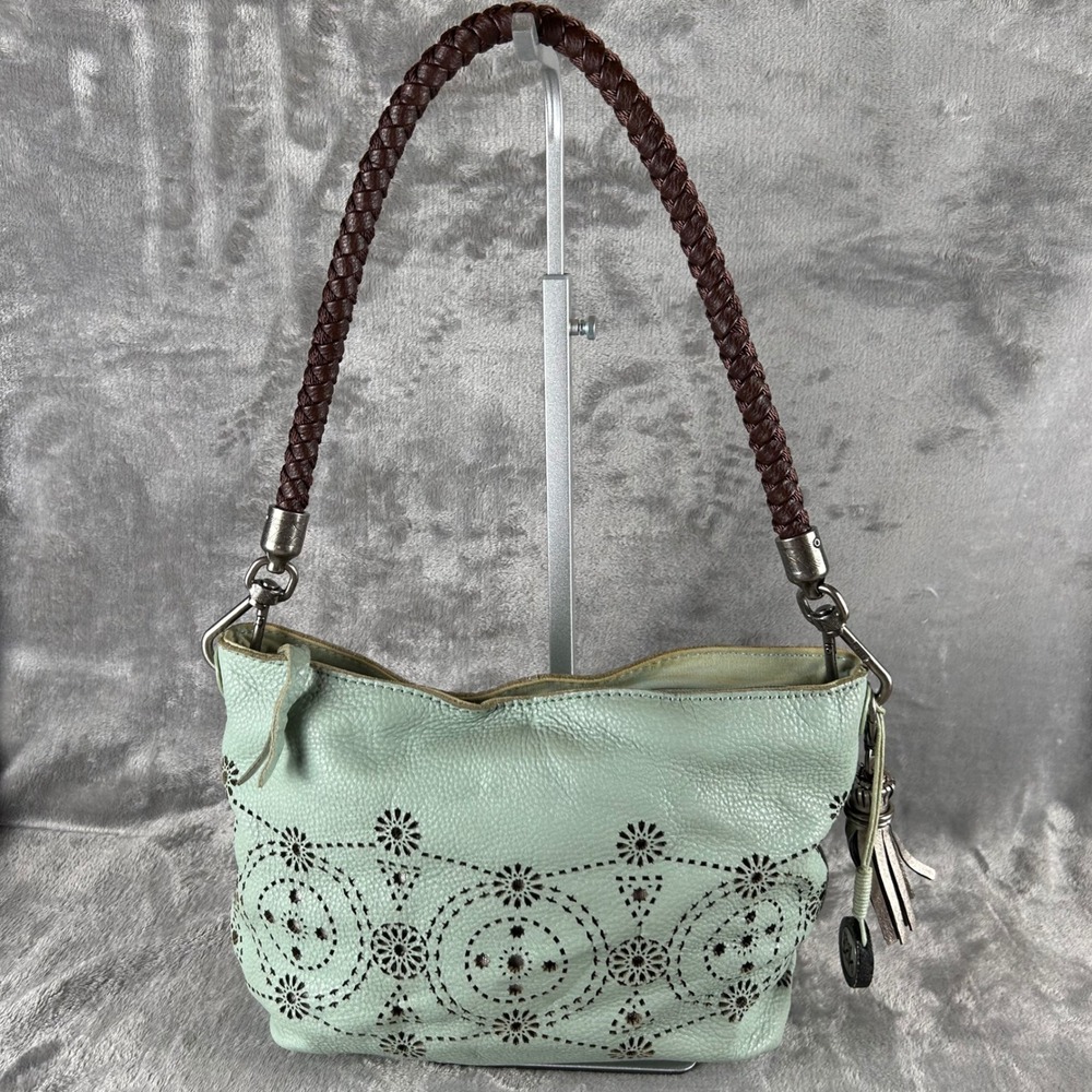 The Sak Aqua Perforated Leather Shoulder Bag Braided Strap Tassel Boho Romantic